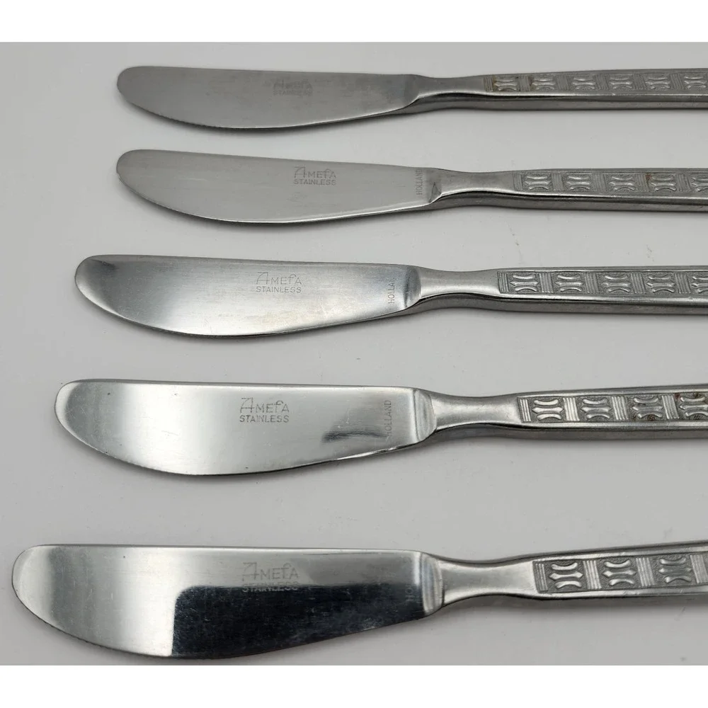 Amefa Holland‎ Stainless Dinner Knife 5 Knives Disc. Geometric Pattern VTG HTF